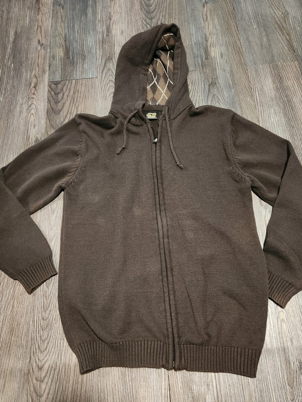 Vintage Brown Zip-Up Hooded Sweater with Argyle Hood Lining